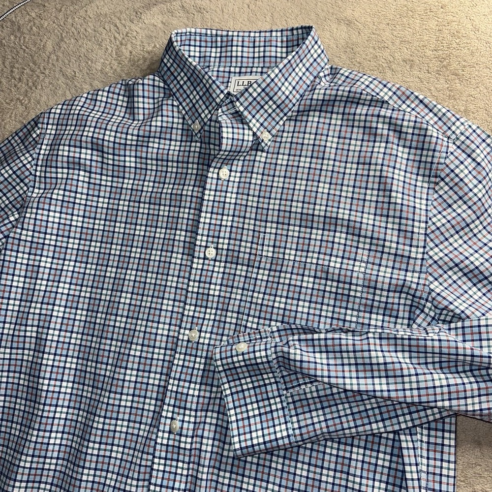 LL Bean Shirt Mens M Regular Plaid Blue Green Orange Slightly Fitted 287889